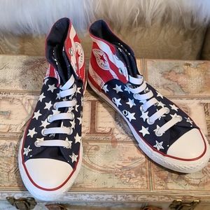 Red white and blue converse high tops